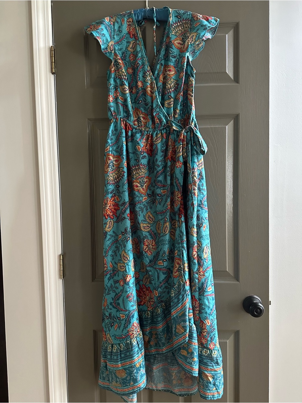 Turquoise Floral Wrap Maxi Dress with Tie Waist